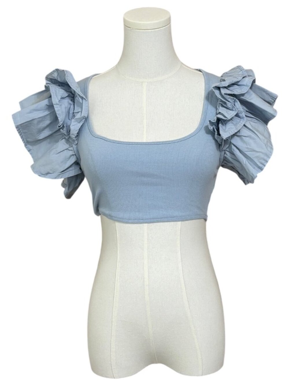 Zara Blue Ribbed Crop Top Ruffle Statement Sleeves Square Neck Size S